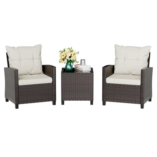 3 Piece Patio Furniture Set Small Outdoor Wicker Rattan Front Porch Bistro Set Cushioned Patio Chairs Conversation Set with Glass Table for Lawn, Garden, Backyard, Balcony, Poolside (Beige)
