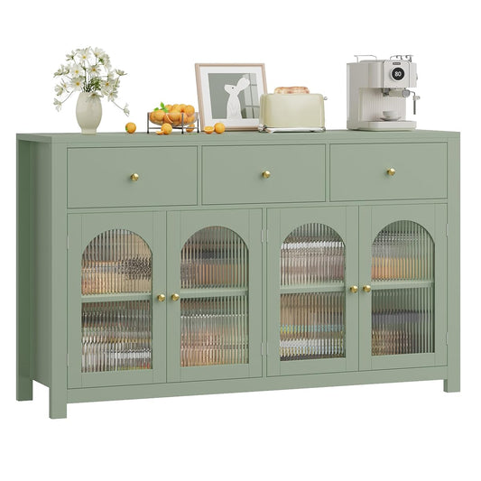 Buffet Cabinet with Storage, 55.1" Large Sideboard Buffet, Farmhouse Kitchen Cabinet with 3 Drawers and 4 Doors, Wood Coffee Bar Table for Kitchen, Green