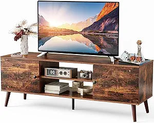 TV Stand for 55 60 inch TV, Modern Mid Century Entertainment Center with Storage, Media Console Table 2 Cabinet, Soft Hinge, Handle Door, Wooden Living Room, Office Furniture, Rustic Brown