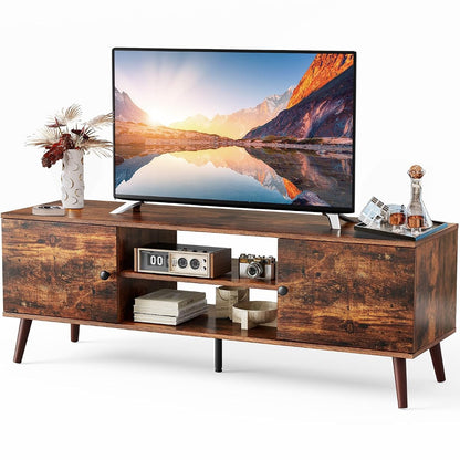 TV Stand for 55 60 inch TV, Modern Mid Century Entertainment Center with Storage, Media Console Table 2 Cabinet, Soft Hinge, Handle Door, Wooden Living Room, Office Furniture, Rustic Brown