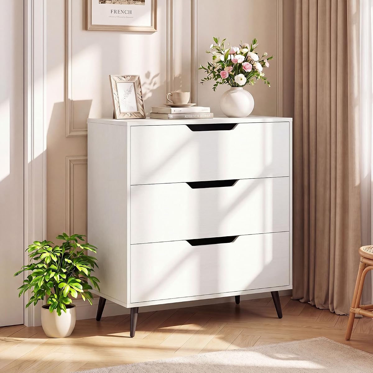 3-Drawer Dresser, Chest of Drawers, Rustic Farmhouse Wooden Storage Dresser, Sofa Beside Table, Utility Storage Organizer for Bedroom, Living Room, Study, Entryway and Closet (White)