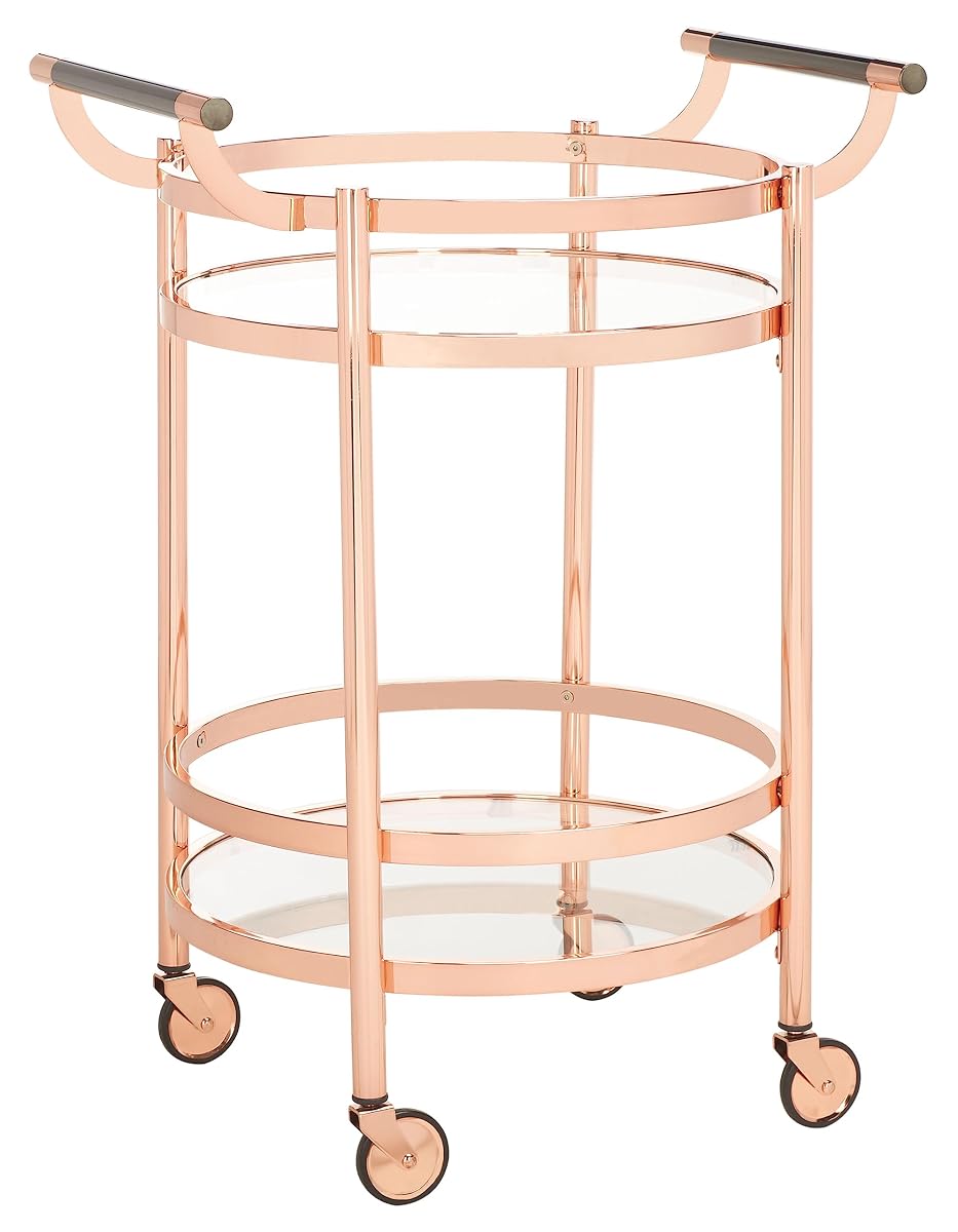 Safavieh Home Collection Sienna Rose Gold/Black Nickel Trim Handle/Tempered Glass 2-Tier Round Bar Cart