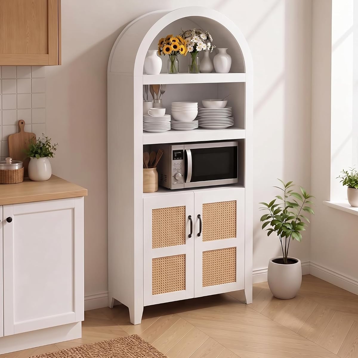 Arched White Wood Bookshelf with Adjustable Shelves