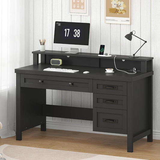 47" Farmhouse Computer Desk with Drawers & Outlets for Home Office, Bedroom