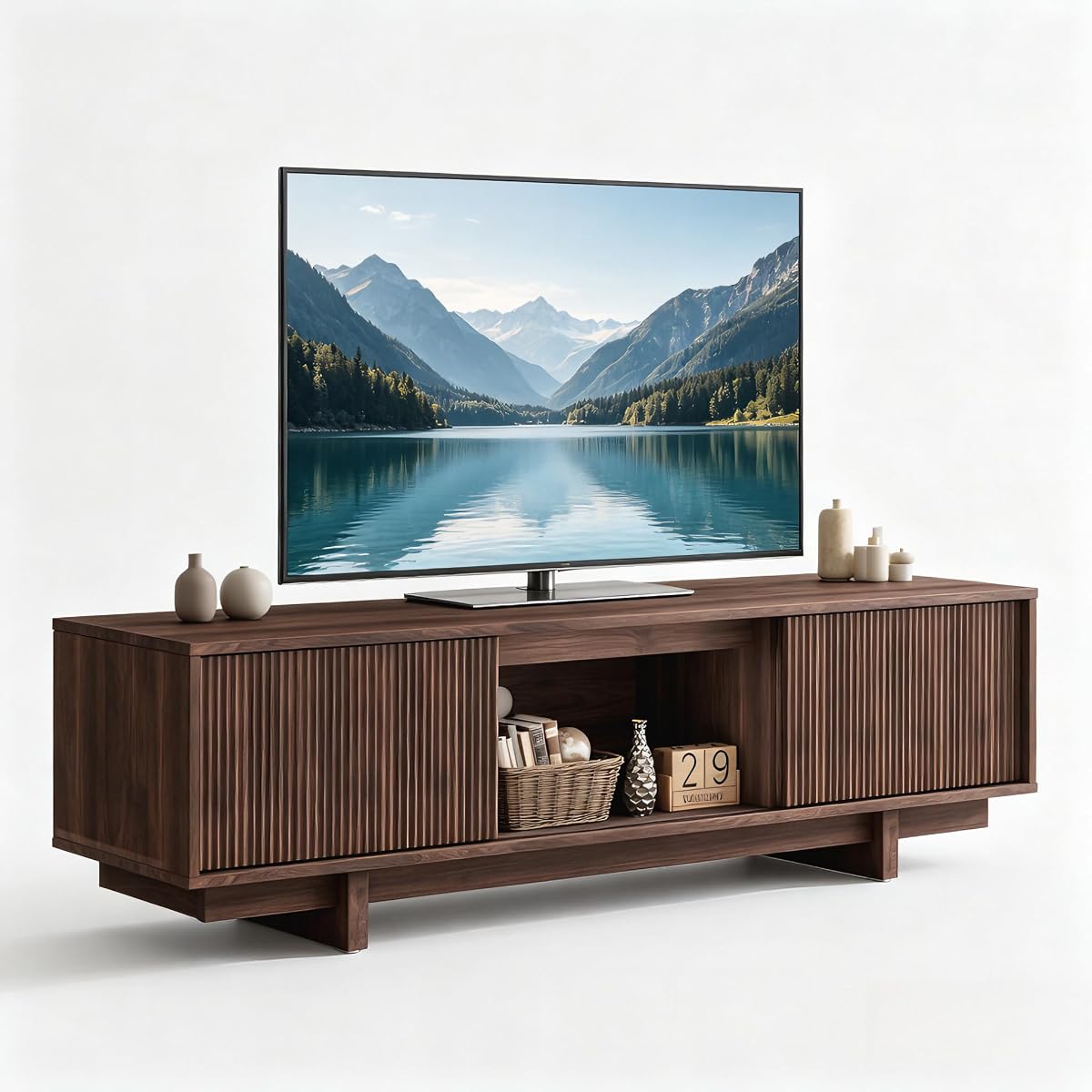 55" Mid Century TV Stand for 65 TVs Fluted, Walnut