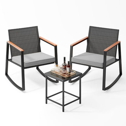 3 Piece Outdoor Patio Wicker Furniture Set, Outdoor Patio Rocking Bistro Set of 2 with Wooden Armrests and Coffee Table for Lawn, Yard, Porch, Balcony (Grey)