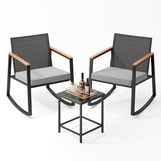 3 Piece Outdoor Patio Wicker Furniture Set, Outdoor Patio Rocking Bistro Set of 2 with Wooden Armrests and Coffee Table for Lawn, Yard, Porch, Balcony (Grey)
