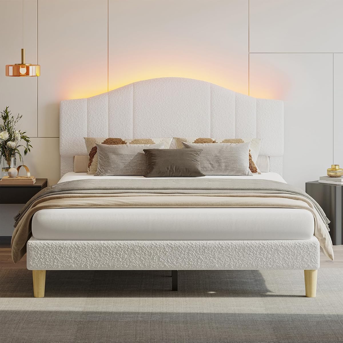 Queen Upholstered Bed Frame, Arc LED Headboard, White Fabric