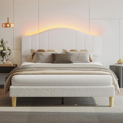Queen Upholstered Bed Frame, Arc LED Headboard, White Fabric