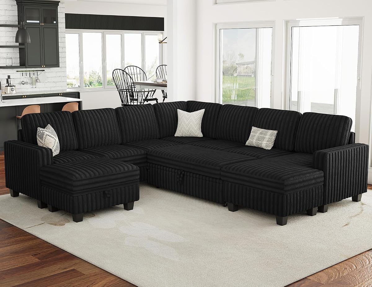 Oversized Sofa Bed Modular Sectional Sleeper Sofa with Pull Out Bed L Shaped Couch with Storage Chaise Black Couch