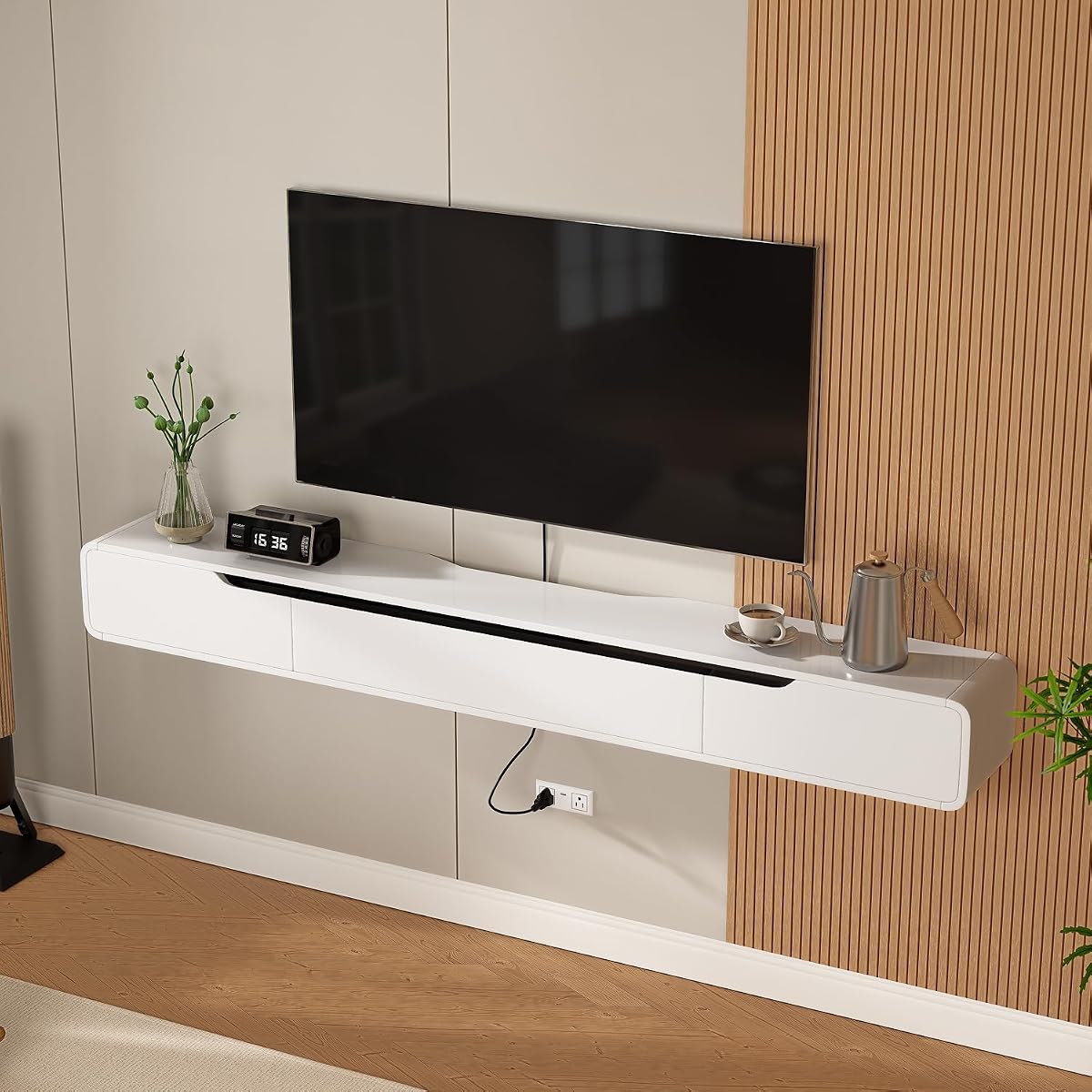 Floating TV Stand with 1 Door and 2 Drawers, 55inch, White