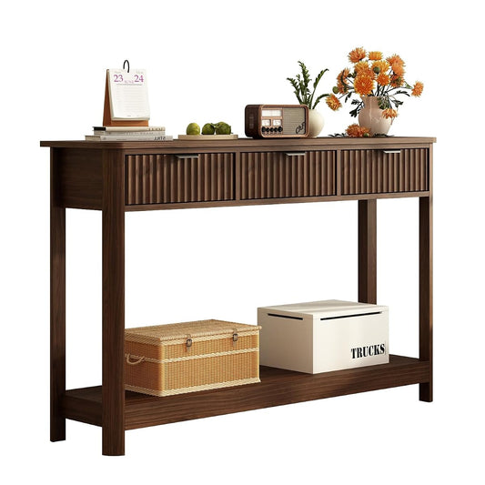 Fluted Wood Console Table with 3 Drawers, Boho Narrow Behind Couch Entryway Table with Open Storage Shelf, Modern Sofa Table for Living Room, Foyer and Hallway (Dark Walnut)