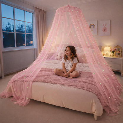 Pink Bed Canopy for Girls with Glowing Stars, Premium Canopy Bed, Fits Single