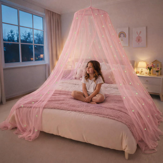 Pink Bed Canopy for Girls with Glowing Stars, Premium Canopy Bed, Fits Single