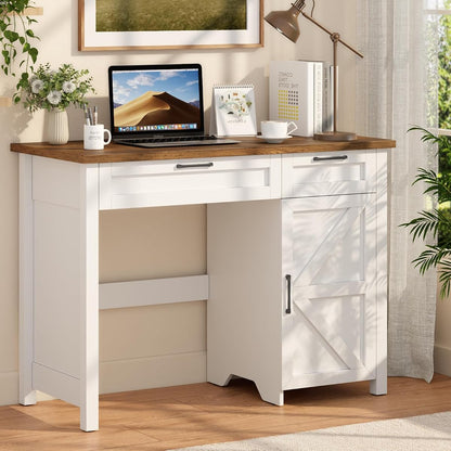 Farmhouse 43.3" Computer Desk with Storage Drawers for Home Office, White