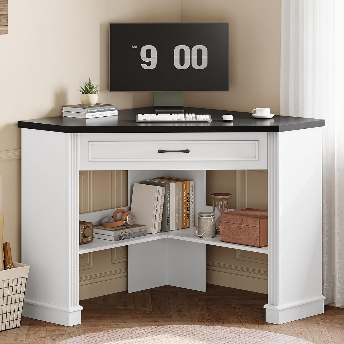 Farmhouse Corner Desk for Small Space, White Small Computer Desk
