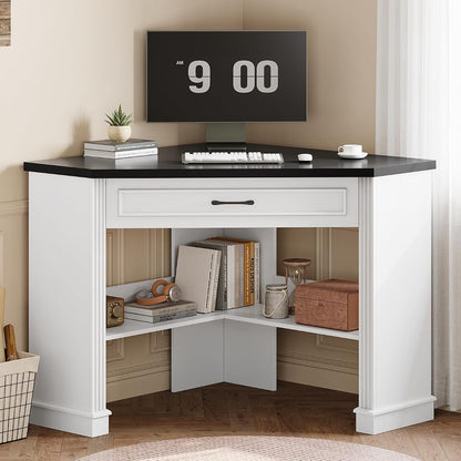Farmhouse Corner Desk for Small Space, White Small Computer Desk