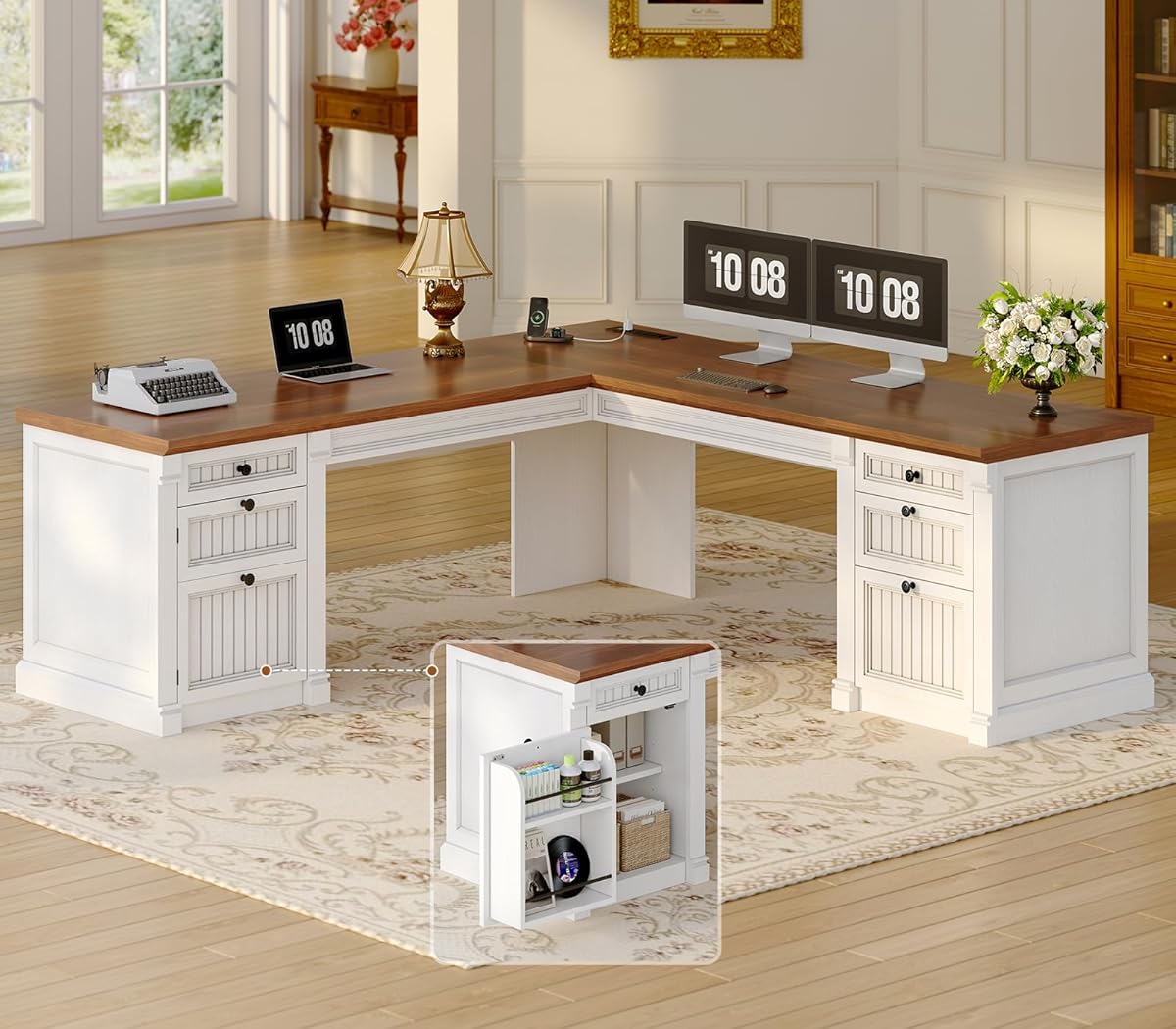 L Shaped Desk with 4 Drawers, 67"x 67" Executive Home Office Desk with File Drawers & Storage Cabinet, Corner Computer Desk with Power Strip for Bedroom, Brown+White