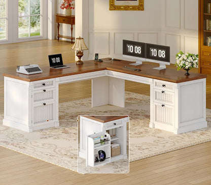L Shaped Desk with 4 Drawers, 67"x 67" Executive Home Office Desk with File Drawers & Storage Cabinet, Corner Computer Desk with Power Strip for Bedroom, Brown+White