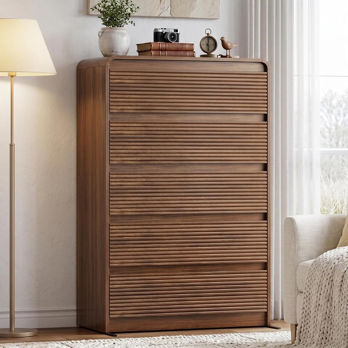 Walnut Fluted 5 Drawer Dresser for Bedroom,47" Tall Modern Chest of Drawer