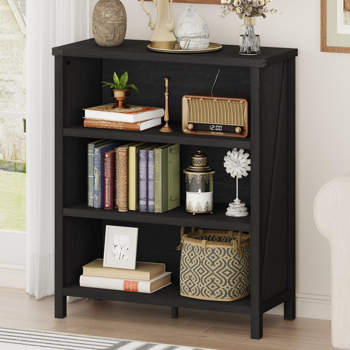 Small Black Bookshelf, 3 Tier Short Book Shelf, Farmhouse Bookcase Storage Organizer, Wooden Book Cases for Small Space, Office, Bedroom, Living Room, Apartment (Black Oak)