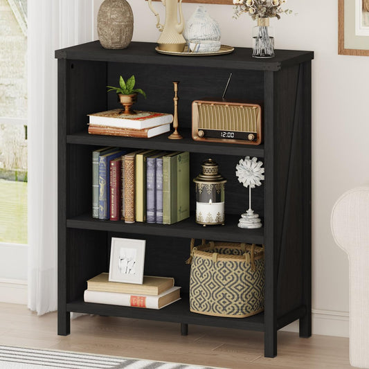 Small Black Bookshelf, 3 Tier Short Book Shelf, Farmhouse Bookcase Storage Organizer, Wooden Book Cases for Small Space, Office, Bedroom, Living Room, Apartment (Black Oak)