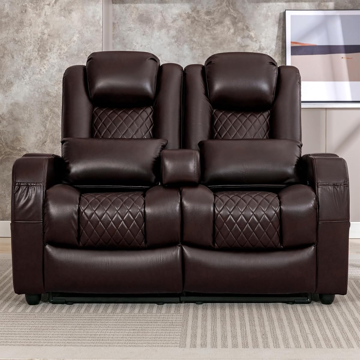 Loveseat Recliner, Recliner Sofa with Cup Holders and 2 Pillows, Wall Hugger Recliners & 135° Reclining Loveseat (Brown PU Leather Furniture)