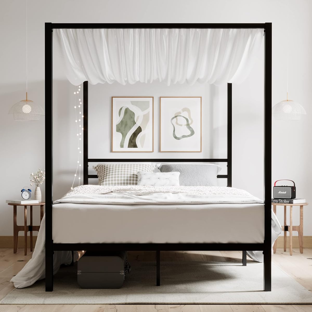 Full Size Metal Canopy Bed Frame, Heavy-Duty Support, Black