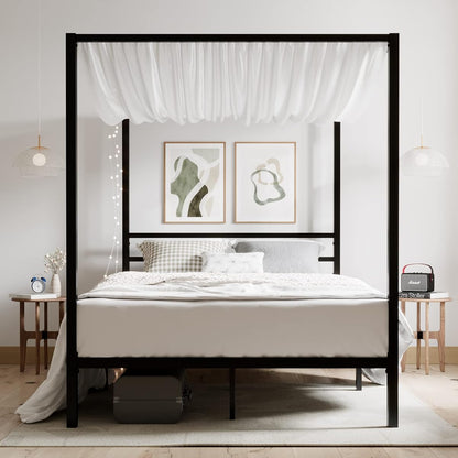 Full Size Metal Canopy Bed Frame, Heavy-Duty Support, Black