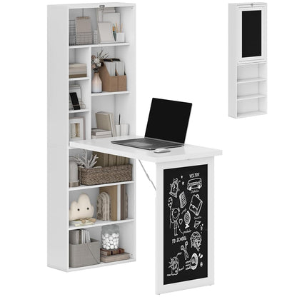 Foldable Convertible Writing Table, Wall Mounted Space-Saving Computer Desk with Chalkboard and Storage Shelves for Small Spaces, Home Office, Bedroom, Dorm, Apartment, White