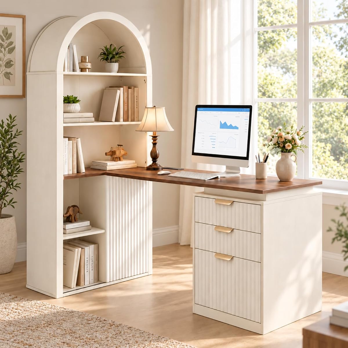 61" L Shaped Desk with Arched Bookshelf Hutch