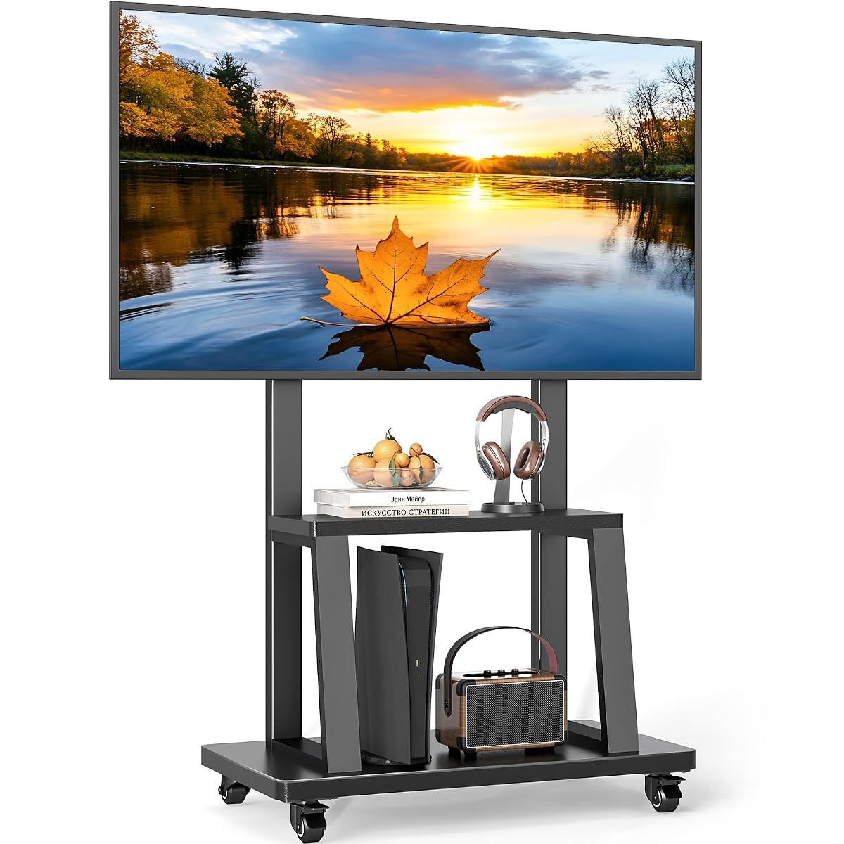 Mobile TV Cart Rolling TV Stand for 37-75 inch TVs Up to 150lbs, Heavy-Duty Portable TV Stand on Wheels with 2-Tier Wooden Storage Shelves, Height Adjustable, Max VESA 600x400mm, Black