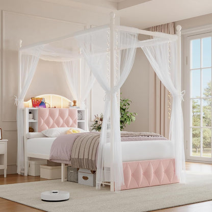 Twin Size Upholstered LED Canopy Bed Frame with 2 Drawers and & Charging Station