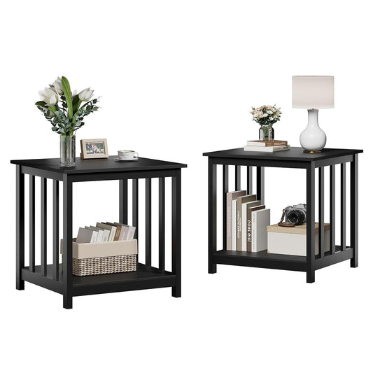 End Tables Living Room Set of 2, 24 Inch Square Side Table with 2-Tier Storage Shelf, Modern Nightstand for Living Room, Bedroom, Office, Black