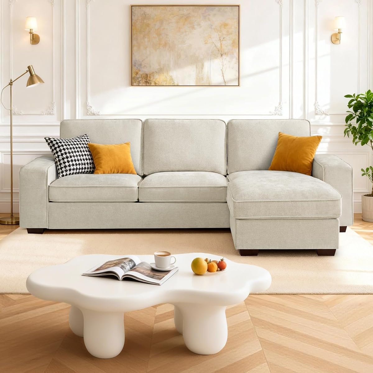 97" L-Shaped Sectional Couch with Storage, Sofa with Reversible Chaise, USB Type-C Charging, Chenille Fabric, Removable Covers, for Small Space, Apartment, Living Room (Beige, 53" Chaise)