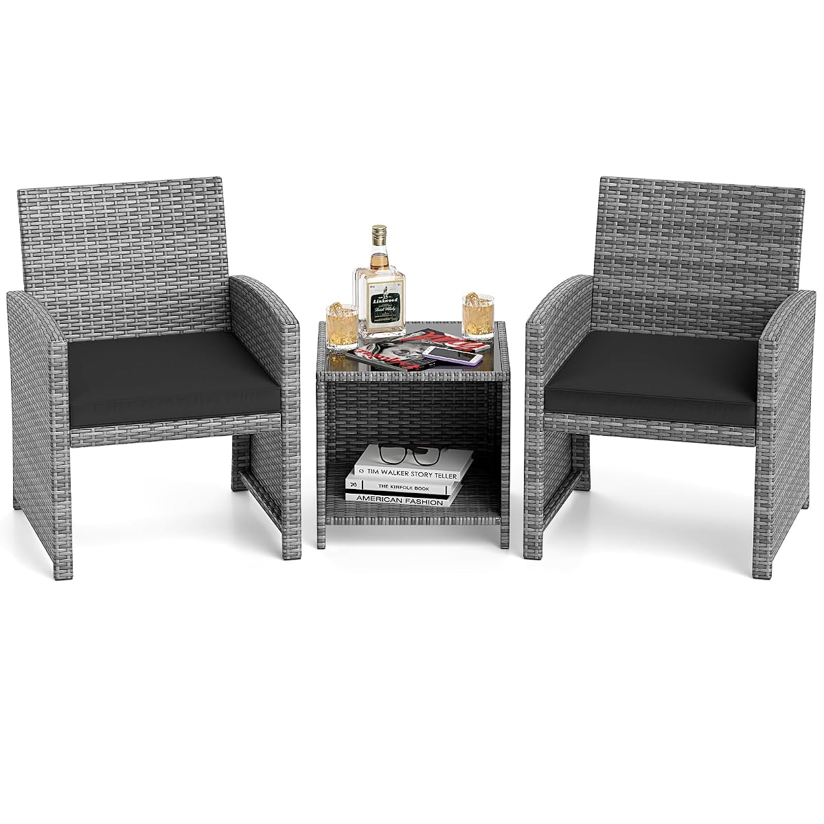 3 Pieces Patio Furniture Set, PE Rattan Outdoor Chairs with Tempered Glass Coffee Table & Soft Seat Cushions, Patio Bistro Set, Outdoor Conversation Set for Porch, Backyard Poolside (Black)