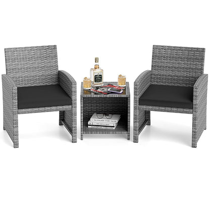 3 Pieces Patio Furniture Set, PE Rattan Outdoor Chairs with Tempered Glass Coffee Table & Soft Seat Cushions, Patio Bistro Set, Outdoor Conversation Set for Porch, Backyard Poolside (Black)