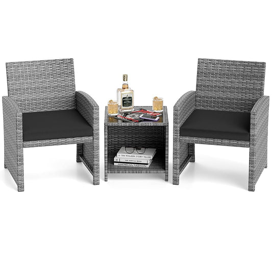 3 Pieces Patio Furniture Set, PE Rattan Outdoor Chairs with Tempered Glass Coffee Table & Soft Seat Cushions, Patio Bistro Set, Outdoor Conversation Set for Porch, Backyard Poolside (Black)