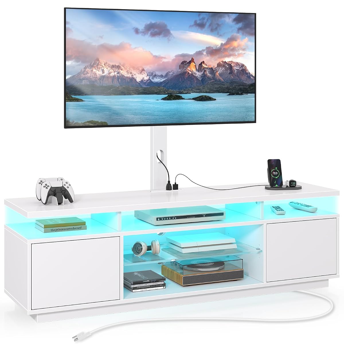 TV Stand with Mount and Power Outlet 59.1", Swivel TV Stand Mount for 32/45/55/60/65/70 inch TVs, Height Adjustable Modern Entertainment Center with Storage & LED Lights, TV Table White