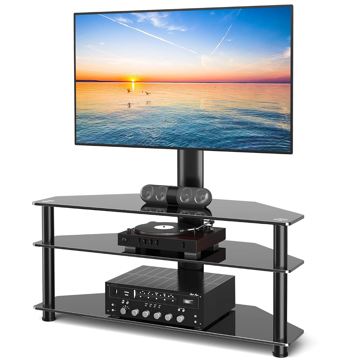 TAVR Swivel Floor TV Stand with Table for 32-70 Inch TVs | Universal Height Adjustable Glass TV Stand with Large Storage Shelves, Strong Corner TV Stand Mount Holds up to 88lbs, Black
