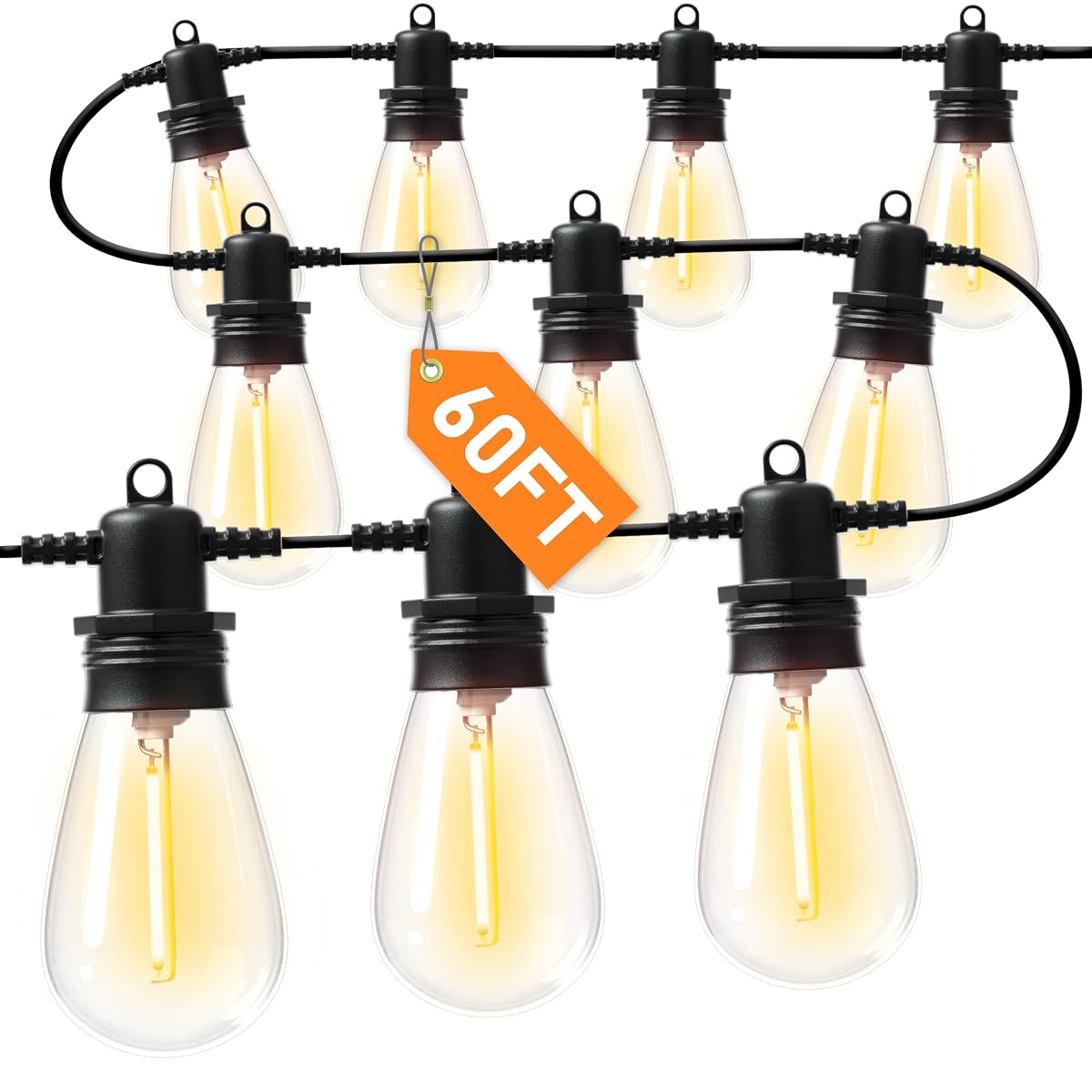 60FT LED Outdoor String Lights with 16+1 Edison Shatterproof IP65 Waterproof