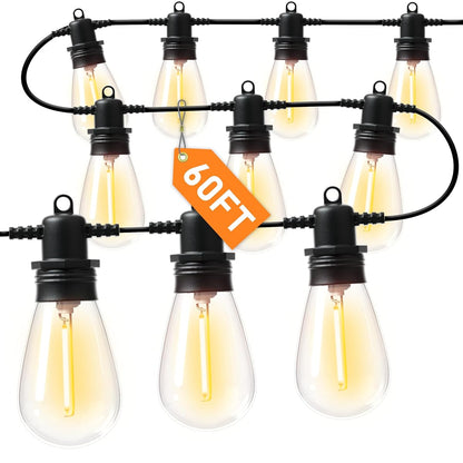 60FT LED Outdoor String Lights with 16+1 Edison Shatterproof IP65 Waterproof