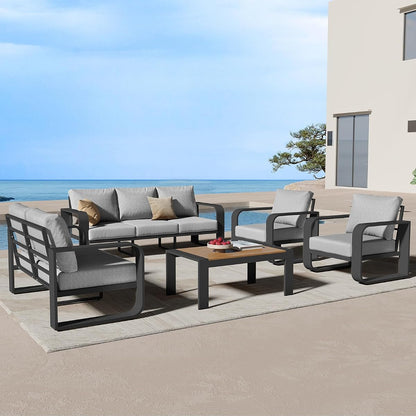 Oversized Aluminum Outdoor Furniture Set, Extra Large Patio Furniture Sofa Set 4.8” Widened Armrest & Ultra-Thick Cushions, 5 Pcs Modern Patio Sectional for Backyard, Porch, Gray