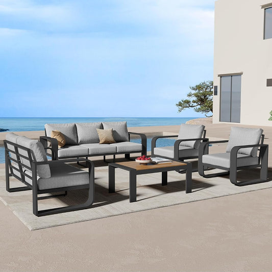 Oversized Aluminum Outdoor Furniture Set, Extra Large Patio Furniture Sofa Set 4.8” Widened Armrest & Ultra-Thick Cushions, 5 Pcs Modern Patio Sectional for Backyard, Porch, Gray