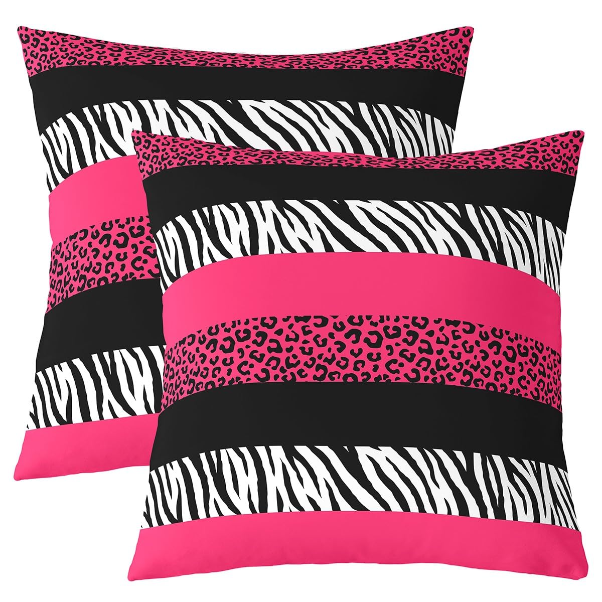 Pink Leopard Print Pillow Covers,18x18 Inch Set of 2,Black Zebra Cheetah Skin Print Cushion Cases for Women Adults,Wild Animal Geometric Stripes Western Style Cushion Covers for Bed Chairs Office