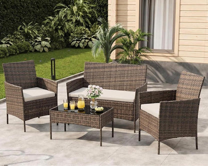 4-Piece Outdoor Furniture Set, PE Rattan Wicker Chairs with Soft Cushions & Tempered Glass Coffee Table - All-Weather Patio Set for Garden, Backyard, Porch, Poolside (Gradient Brown/Beige)