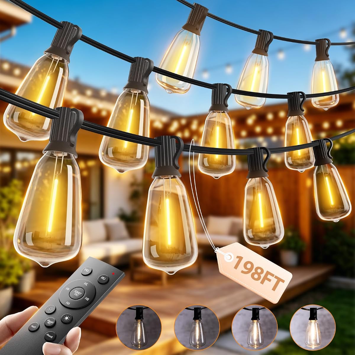 198FT Outdoor String Lights for Outside with Remote Waterproof Patio Lights