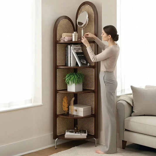 5-Tier Rattan Corner Bookshelf, 71-Inch, Walnut Color | Narrow Corner Design, Metal Feet, Free-standing Tall Wood Shelf, For Livingroom Bedroom Balcony Office