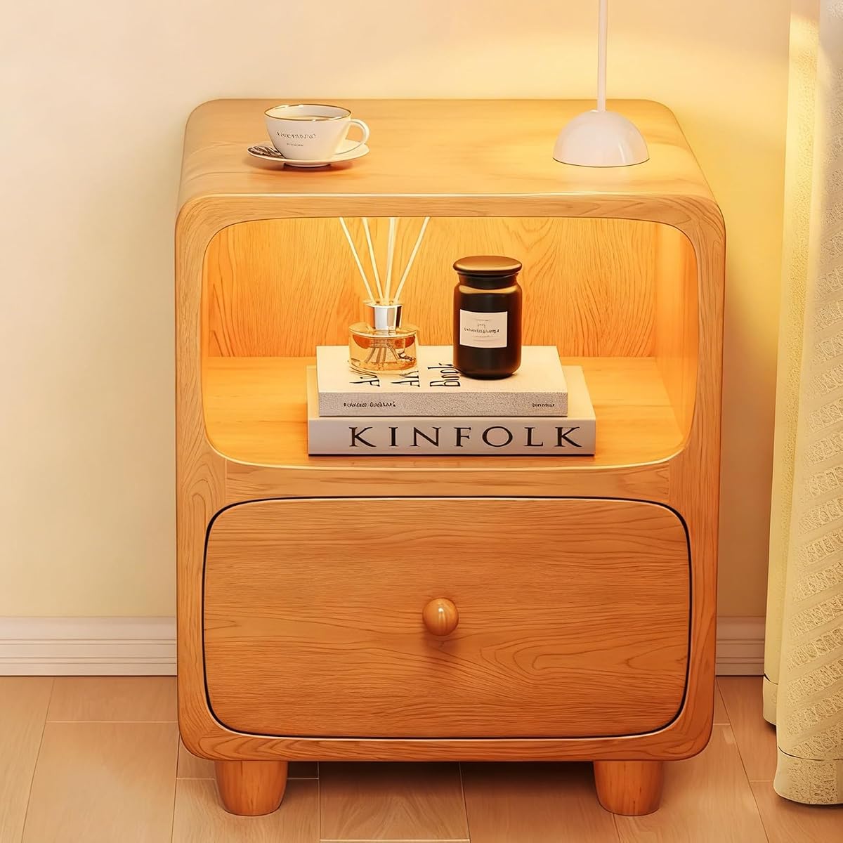 Wood Nightstand with Drawers,Bedside Table with Open Shelf Compact Cabinet for Small Bedrooms Practical No Assembly Required Sturdy Bedside Storage