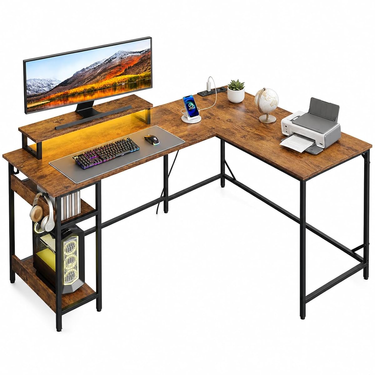 60 Inch L Shaped Gaming Desk with LED Lights, Rustic Brown